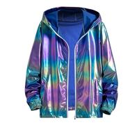 Beokeuioe Metallic Jacket Sweat Jacket with Hood Aviator Jacket Men's Glitter Bomber Jacket Golden Leisure Jacket Shiny Techwear Jacket 70s Disco Clothing Club Stage Carnival Costumes, blue, 5XL