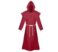 Beokeuioe Monk Robe Priest Robe Costume with Hood Medieval Hood Men's Monk's Cowl Renaissance Cape Costume Monk Capes Halloween Cosplay Costume Unisex, B Red, L
