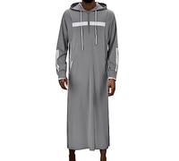 Beokeuioe Muslim Arabic Thobe Hooded Pullover Long Men's Thawb Kaftan Islamic Prayer Clothing Muslim Dresses Men's Long Dubai Robe Islamic Costume, gray, L