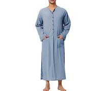 Beokeuioe Nightdress Long Night Shirts Long Sleeve Sleepwear Men's Pyjama Tops Cotton Soft Breathable Pyjama Dress Lounge Wear Robe V-Neck Kaftan Dressing Gowns, sky blue, S