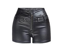 Beokeuioe PU Leather Look Shorts Skinny Sexy Stretch Hot Pants Women's Leather Shorts Faux Leather Lacing Casual Short High Waist Black Leather Shorts Sexy Party Night Club Wear, A5 Black, L