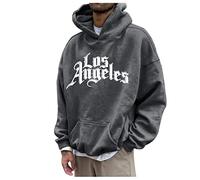 Beokeuioe Pullover for Men Casual Oversized Sweatshirt Hoodie Vintage Men's Hoodie LOS Angeles Print Jumper Sweat Jacket with Hood and Pocket Sports Hoodie, Dark grey, L