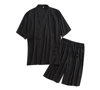 Beokeuioe Pyjama Sets Short Pyjamas Men's Summer Pyjama Bottoms + Kimono Sauna Spa Outfit Two Piece Leisure Suit Japanese Loungewear Home Holiday Sleepwear, A Black, L