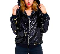 Beokeuioe Sequin Bomber Jacket Women's Glitter Jacket Short Zip Disco Jacket Carnival Party Club Jacket Hip Hop Stage Costumes Long Sleeve with Hood Pilot Jacket Flight Jacket, A Black, XL