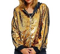 Beokeuioe Sequin Bomber Jacket Women's Glitter Jacket Short Zip Disco Jacket Carnival Party Club Jacket Hip Hop Stage Costumes Long Sleeve with Hood Pilot Jacket Flight Jacket, gold, XL