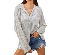 Beokeuioe Sequin Shirt Long Sleeve Women's Shiny Blouse V-Neck Button Down Shirt Blouse Long Sleeve Casual Tops Tunic Tops Women's Glitter Party Festive Outfit, silver, M