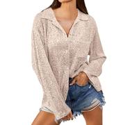 Beokeuioe Sequin Shirt Long Sleeve Women's Shiny Blouse V-Neck Button Down Shirt Blouse Long Sleeve Casual Tops Tunic Tops Women's Glitter Party Festive Outfit, khaki, L