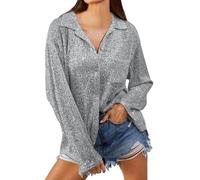 Beokeuioe Sequin Shirt Long Sleeve Women's Shiny Blouse V-Neck Button Down Shirt Blouse Long Sleeve Casual Tops Tunic Tops Women's Glitter Party Festive Outfit, gray, M