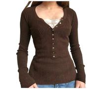 Beokeuioe Square Neck Long Sleeve Crop Top Y2K Shirt for Women Long Sleeve Women's Vintage Lace Patchwork Long Sleeve Shirt Slim Fit Streetwear 90s E-Girl T-Shirts Gothic Blouse Workout Tees, A brown,