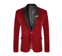 Beokeuioe Velvet Blazer Men's Festive Wedding Suit Jacket Men's Regular Fit Business Jacket Leisure Men's Suit Jacket Lapel Sports Jacket Long Sleeve Modern Tuxedo Plain Coat, red, 3XL