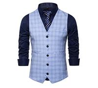 Beokeuioe Wedding Vest Classic Checked Suit Vest Men's Elegant Formal Business Vest Best Man Tuxedo Waistcoat Sleeveless for Christmas New Year Party Sports Jacket Vest, blue, S