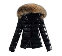 Beokeuioe Winter Coat Shiny Down Jacket Women's Winter Jacket Short Quilted Jacket Outwear Women Winter Down Coat with Faux Fur Collar Quilted Coat Transition Jacket Puffer Jacket, black, 3XL