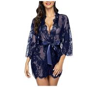 Beokeuioe Women's Kimono Sexy Long Sleeve Lace Robe Valance Long Sleeve Transparent Dressing Gown Underwear Lingerie Sleepwear Bathrobe Lace Bridal Night Dress Sleepwear, blue, M
