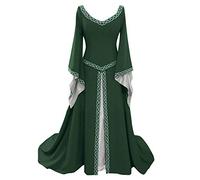 Beokeuioe Women's V-Neck with Trumpet Sleeves Medieval Dress Renaissance Maxi Dress Floor Length Cosplay Dress Halloween Party Costume Medieval Clothing Women's Dresses, Green, L