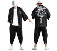Beokeuioe Yukata Kimono Robe and 3/4 Trousers Men Japanese Kimono Set Japanese Traditional Outfit Samurai Uniform Cosplay Costume Ninja Jacket Haori Clothing Summer Cardigan Trousers, a004 black, XXXL