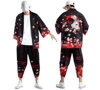 Beokeuioe Yukata Kimono Robe and 3/4 Trousers Men Japanese Kimono Set Japanese Traditional Outfit Samurai Uniform Cosplay Costume Ninja Jacket Haori Clothing Summer Cardigan Trousers, a005 red, L