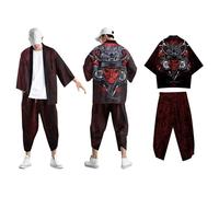 Beokeuioe Yukata Kimono Robe and 3/4 Trousers Men Japanese Kimono Set Japanese Traditional Outfit Samurai Uniform Cosplay Costume Ninja Jacket Haori Clothing Summer Cardigan Trousers, A002 Black, M