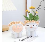 beolur Mini Fantasy Zoo Resin Pots Set - Floral Crown Cat & Sheep Succulent Planters w/Drainage Holes (3.5"x2.8"x3.5")
