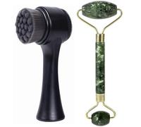 Beomeen Face Brush 2 in 1, Silicone Facial Cleansing Exfoliating Brush Soft Bristles Pore Deep Cleansing, Jade Face Roller Skin Care Tools, Manual Dual Face Wash Scrub Brush Massaging Gift, BlackGreen