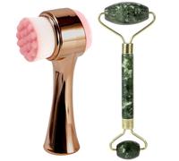 Beomeen Face Brush 2 in 1, Silicone Facial Cleansing Exfoliating Brush Soft Bristles Pore Deep Cleansing, Jade Face Roller Skin Care Tools, Manual Dual Face Wash Scrub Brush Massaging Gift, Gold Green
