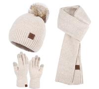Beorndmy Winter Knitted Hat Scarf & Touchscreen Gloves Winter Set Women's Soft Warm Beanie with Fleece Lined Pompom Hat, Camel, One Size