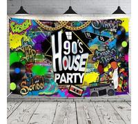 Beorni 90s Party Backdrop for Hip Hop Theme, 110x180cm Retro Graffiti Brick Wall Banner with Vintage Radio, 90's House Party Decorations for Birthday & Photo Booth Background