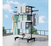 BEOSIOR Airer Clothes Drying Rack, 4-Tier Black Foldable Clothes with Wheels Large Stainless Steel Garment Laundry Racks for Indoor Outdoor with Foldable Wings