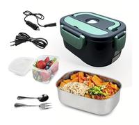 BEOSIOR Electric Lunch Box, 80W Faster Heated Lunch Box, 1.5L Portable Food Warmer 12V/24V/220V for Car Home with Removable 304 Stainless Steel Container Spoon & Fork (Grey+Green)