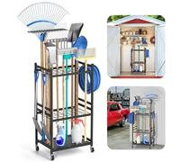 BEOSIOR Garden Tool Storage Rack, 3 Tier Metal Shed Storage Organiser with 3 Hooks, Heavy Duty Garden Tool Holder Organiser and Storage Solutions for Garage, Yard, Patio, Indoors Outdoors, Black