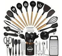 BEOSIOR Kitchen Utensils Set - 44PCS Silicone Cooking Utensils with Holder, Heat Resistant, Nonstick Cookware Tongs Spatula Spoon Set, Wooden Handles Kitchen Tools & Gadgets (Black)
