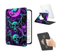 BEOTIWAD 360 Rotating Magnetic Detachable Case for 6.8" Kindle Paperwhite 11th Generation 2021/2024 with Hand Strap, Clear Back Stand Auto Wake/Sleep,Bats Skulls Bones