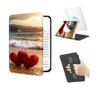 BEOTIWAD 360 Rotating Magnetic Detachable Case for 6" Basic Kindle 11th Generation 2022/2024 with Hand Strap, Clear Back Stand Auto Wake/Sleep,Two Red Hearts On The Beach