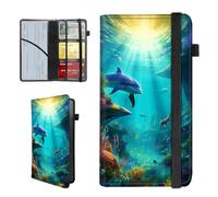 BEOTIWAD Dolphins Fish And Turtles Pattern Car Insurance and Registration Holder,PU Leather Vehicle Glove Box Paperwork Wallet Case Document Essential Documents Organizer for Driver's License Cards