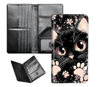 BEOTIWAD Passport Wallet Passport Family Holder RFID Blocking Zipper Travel Card Organizer with Wrist Strap Document Organizer for Women Men, Cute Pink And Black Cat