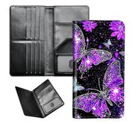 BEOTIWAD Passport Wallet Passport Family Holder RFID Blocking Zipper Travel Card Organizer with Wrist Strap Document Organizer for Women Men, Purple Butterflies