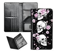 BEOTIWAD Passport Wallet Passport Family Holder RFID Blocking Zipper Travel Card Organizer with Wrist Strap Document Organizer for Women Men, Cherry Blossom Skulls
