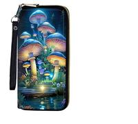 BEOTIWAD Women's Wallet,Wristlet Large Long Purse Zip Travel Purse RFID Blocking Large Capacity Credit Card Holder with Grip Hand Strap, Mushroom Butterfly