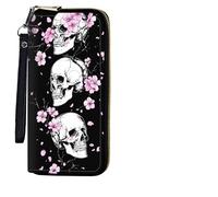 BEOTIWAD Women's Wallet,Wristlet Large Long Purse Zip Travel Purse RFID Blocking Large Capacity Credit Card Holder with Grip Hand Strap, Cherry Blossom Skulls