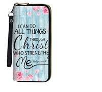 BEOTIWAD Women's Wallet,Wristlet Large Long Purse Zip Travel Purse RFID Blocking Large Capacity Credit Card Holder with Grip Hand Strap, Bible Verses Philippians 4-13
