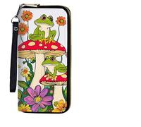 BEOTIWAD Women's Wallet,Wristlet Large Long Purse Zip Travel Purse RFID Blocking Large Capacity Credit Card Holder with Grip Hand Strap, Cute Frogs On Mushrooms