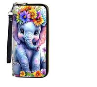 BEOTIWAD Women's Wallet,Wristlet Large Long Purse Zip Travel Purse RFID Blocking Large Capacity Credit Card Holder with Grip Hand Strap, Elephant With Colorful Flowers
