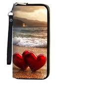 BEOTIWAD Women's Wallet,Wristlet Large Long Purse Zip Travel Purse RFID Blocking Large Capacity Credit Card Holder with Grip Hand Strap, Two Red Hearts On The Beach