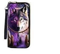 BEOTIWAD Women's Wallet,Wristlet Large Long Purse Zip Travel Purse RFID Blocking Large Capacity Credit Card Holder with Grip Hand Strap, Dream Catcher Wolfs