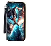 BEOTIWAD Women's Wallet,Wristlet Large Long Purse Zip Travel Purse RFID Blocking Large Capacity Credit Card Holder with Grip Hand Strap, Two Wolves In Love