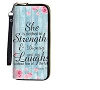 BEOTIWAD Women's Wallet,Wristlet Large Long Purse Zip Travel Purse RFID Blocking Large Capacity Credit Card Holder with Grip Hand Strap, Bible Quote Proverbs 31-25