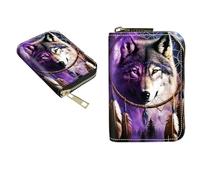 BEOTIWAD Zipper Wallet Wallet,Credit Card Holder for Women Men, Business Card Holder RFID Blocking Holder Case Card Holder KeyChain Wallet ID Case Travel Wallet, Dream Catcher Wolfs, Small