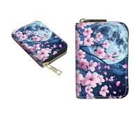 BEOTIWAD Zipper Wallet Wallet,Credit Card Holder for Women Men, Business Card Holder RFID Blocking Holder Case Card Holder KeyChain Wallet ID Case Travel Wallet, Moon And Cherry Blossoms, Small