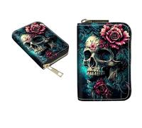 BEOTIWAD Zipper Wallet Wallet,Credit Card Holder for Women Men, Business Card Holder RFID Blocking Holder Case Card Holder KeyChain Wallet ID Case Travel Wallet, Skull With Flower