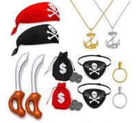 BeoTnp 12pcs Pirate Accessories, Pirate Costume, Pirates Fancy Dress, Halloween Costume Set with Headscarves, Eye Patches, Necklaces, Earrings, Money Bags and Inflatable Swords for Dress Up Events