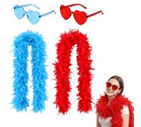 BeoTnp Feather Boa, 4pcs Feather Scarf Set with Feather Boa Blue And Red, Blue and Red Heart Glasses, Ideal for Dance Performances, Carnival, Halloween, Photo Props, Themed Party Outfits